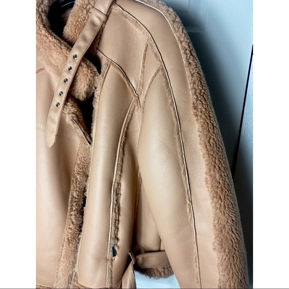 Missguided Premium Brown Tan Borg Teddy Faux Leather Belted Aviator Jacket 14 XL - Picture 4 of 5